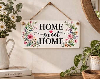 Floral Home Sweet Home Sign, Watercolour Flower Wall Decor, 20 x 10 cm