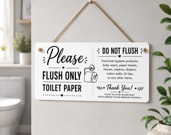 Flush Only Toilet Paper Sign | Bathroom Reminder Plaque, White Matte Decor