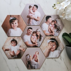 Hexagon Photo Frame, Wooden Hexagonal Photo Wall, Personalized Photo Family Frame, Memory Keepsake Photo Tiles, Custom Photo on Wood Block