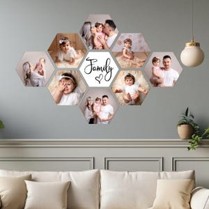 May include: A set of eight hexagonal photo frames with a white background and a black inscription that reads "Family" with a heart symbol. The frames are arranged in a honeycomb pattern and feature photos of a family with young children.