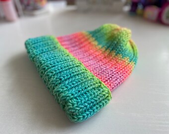 Retro Rainbow Double Knit Beanie, Rainbow Beanie, Knit Beanie, Ribbed Beanie