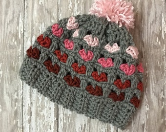 Crochet Ombre Hearts Beanie, Baby Beanie, Baby Beanie With Hearts, Toddler Beanie, Toddler Hat, Crochet Baby Hat, Baby Hat, Baby Shower Gift