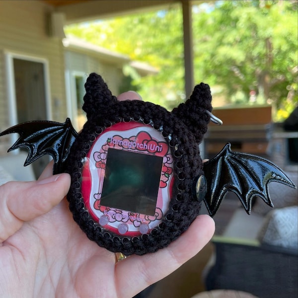 Demon Crochet Tamagotchi Case with Plush Vinyl Bat Wings