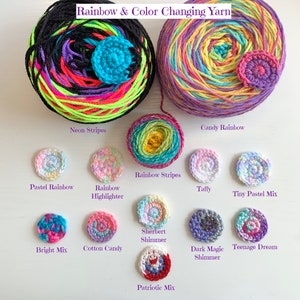 May include: Assortment of colorful yarn skeins with crocheted swatches in various color combinations, including neon stripes, candy rainbow, pastel rainbow, rainbow highlighter, taffy, tiny pastel mix, sherbert shimmer, bright mix, cotton candy, dark magic shimmer, teenage dream, and patriotic mix.