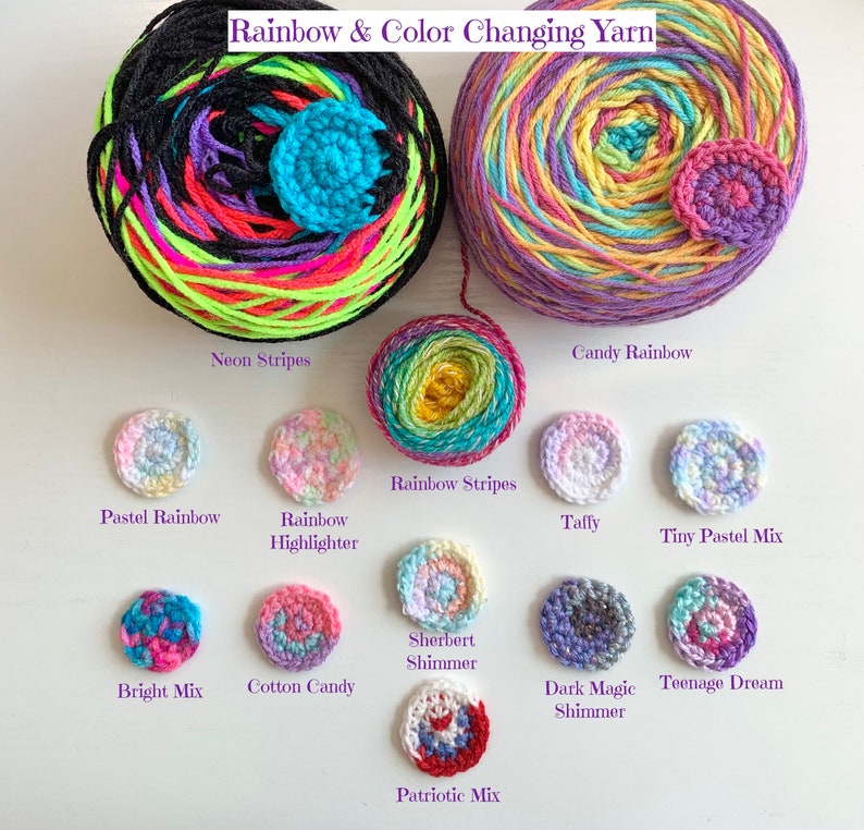 May include: Assortment of colorful yarn skeins with crocheted swatches in various color combinations, including neon stripes, candy rainbow, pastel rainbow, rainbow highlighter, taffy, tiny pastel mix, sherbert shimmer, bright mix, cotton candy, dark magic shimmer, teenage dream, and patriotic mix.