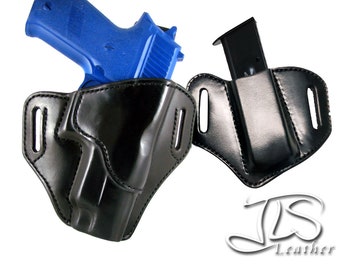 Sig P226 with rails Leather Gun Holster Contoured Curved Pancake Style PLUS Mag Pouch