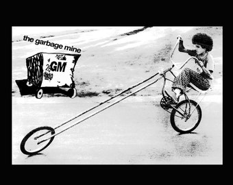 Chopper Kid w/ The Garbage Mine Logo, tshirt, bike, afro, hipster, to school for cool, to cool for school