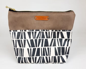 Large cosmetic purse suede bag clutch with zipper and lining in TAUPE HERB design