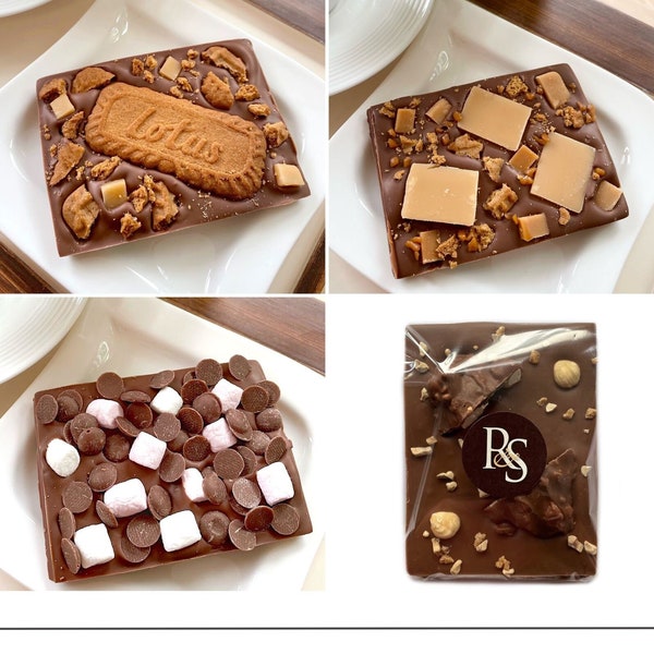 Belgian Chocolate Slabs - Assorted toppings - Milk Chocolate Fudge / Lotus Biscoff / Marshmallow / Hazelnut Clusters. Chunky Chocolate bar