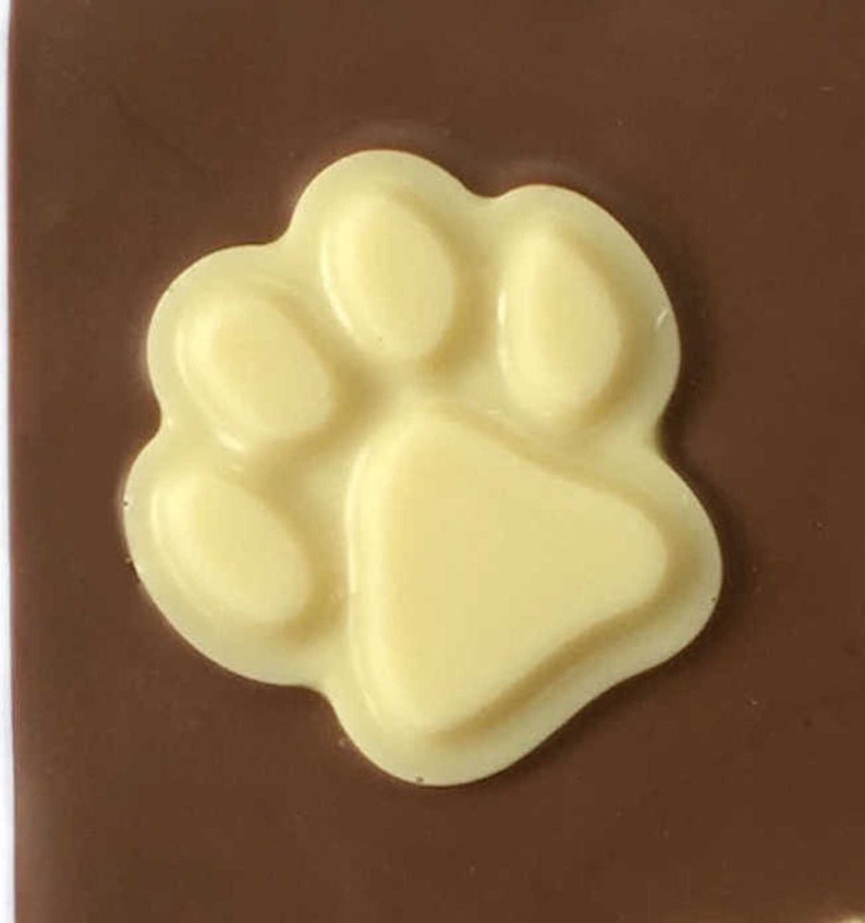 May include: A close-up of a light yellow paw print design on a dark brown surface. The paw print is raised and has a smooth texture. The background is a solid, dark brown color.