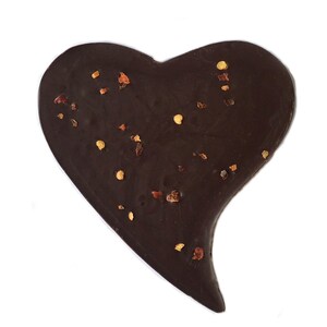 May include: A dark chocolate heart-shaped confection sprinkled with small, reddish-brown and yellow pieces. The chocolate has a smooth surface and a slightly irregular shape, set against a white background.