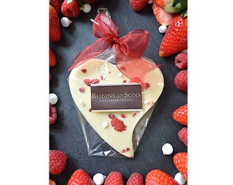 Handmade Belgian White Chocolate Heart with Strawberries - Eton mess chocolate. Thank You - Happy Birthday - Cheer Up - Get Well Soon