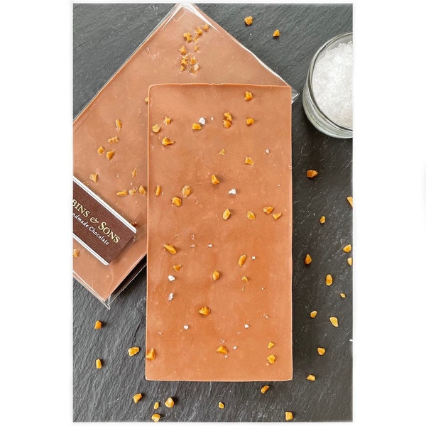 Artisan SALTED CARAMEL Chocolate Bar - Handmade Belgian milk chocolate with salted caramel nibs and Mediterranean sea salt