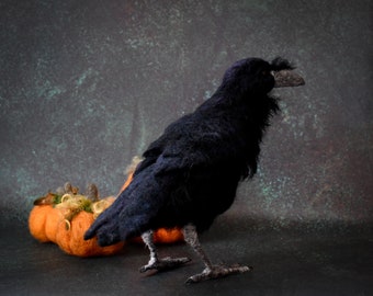 Needle Felted Black Crow - Bird Animal Wool Halloween Art Sculpture