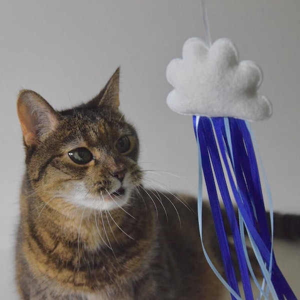 Cloud Catnip Cat Toy Wand Stick with Rain Ribbons Felt Handmade