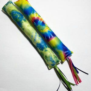Felt Rainbow Tie Dye Green Pattern Print Catnip Cat Kick Stick Toy with Ribbons Handmade