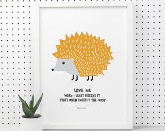 Hedgehog print - nursery decor - elephant - proverb - love me - nursery art - inspirational - ink drawing - cute animal print