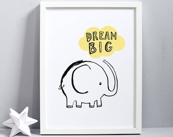 Dream Big Elephant Print - nursery decor - elephant - 1st birthday - dream big - nursery art - cloud - ink drawing - cute animal print