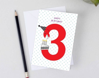 Birthday Number Cards 3 years old - Happy birthday - Third birthday - Birthday card for children