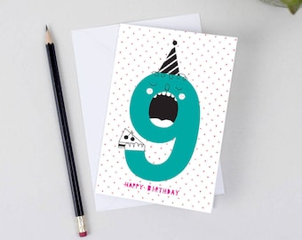 Birthday Number Cards 9 years old - Happy birthday - 9th birthday - Birthday card for children - nine years old