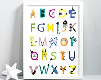 Colourful Animal Alphabet Print - nursery wall print - alphabet art - 1st birday gift - kids and baby - christening gift -