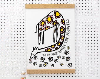 Stop And Smell The Flowers Giraffe Print - Flowers - Botanical - Floral - Flower Power - Giraffe - Inspirational Print