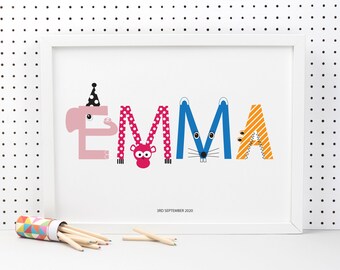 Personalised Children's Name Print - Animal Characters - nursery wall art - nursery decor - christening gift - new baby gift