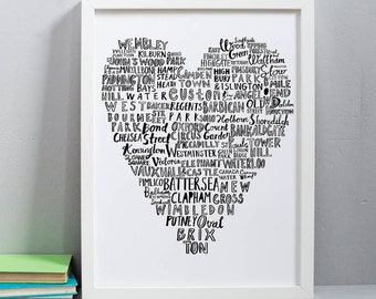 My Heart Belongs To London Print - london map - london tube stations - london typograpic print - heart - london love - londoner