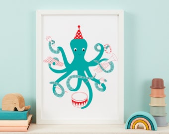 Musical octopus- Instruments- Children wall art - Childrens print - Childrens room decor- playing music - music gift