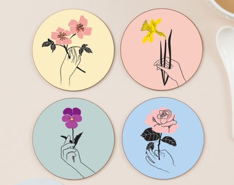 Dites-le avec des fleurs Ensemble de quatre sous-verres - Vaisselle - Coaster - Floral - Botanique - Illustration - Pastel - Cadeau