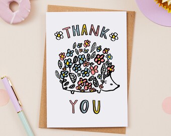 Thank You Hedgehog Greeting Card - Floral Hedgehog - Handdrawn - Illustrated Greeting Card