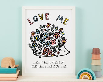 Love Me Floral Hedgehog Print - Flowers - Botanical - Floral - Flower Power - Giraffe - Inspirational Print