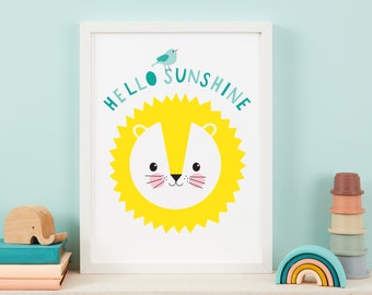 Hello Sunshine Print - Lion - Sun - Personalised Print - Children's Print - Wall Art - Wall Hanging - Happy Print - ScreenPrint