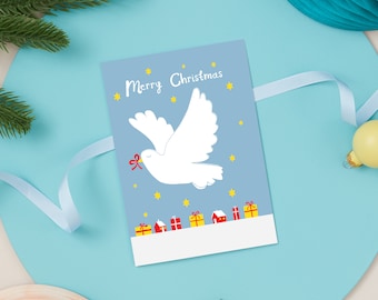 Christmas Card Bird With Bow - Merry Christmas - Happy Holidays Card - Stationery