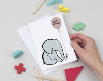 Happy Birthday Elephant Card - elephant- balloon - for children - cute greeting card