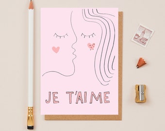 Je T'aime Liebeskarte - Valentinstagskarte - Liebe - typografisch- Liebeskarte - Karte für Freundin - Karten für Freund - I love you Karte