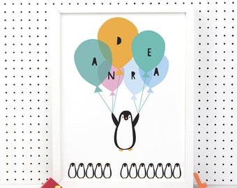 Flying Penguin Print - - balloons - 1st birthday gift - inspirational print children - personalised print - 1st birthday