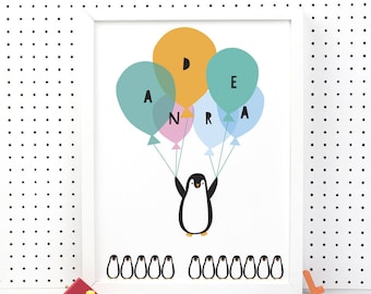 Flying Penguin Print - - balloons - 1st birthday gift - inspirational print children - personalised print - 1st birthday
