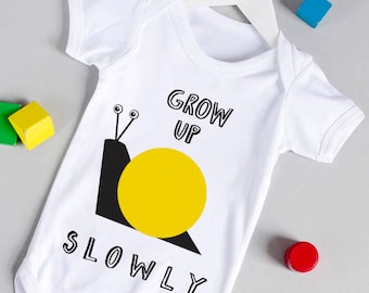 Grow Up Slowly Babygrow - snail - yellow- baby gift - newborn gift  - christening gift - baby unisex- baby clothes