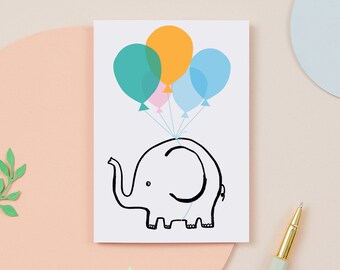 Birthday card - elepahnt- balloons- flying elephant- inspirational card- celebration card- unisex card - greeting card - 1st birthday