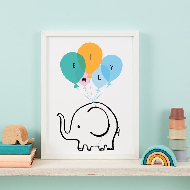 Elefant Print fliegender Elefant Luftballons 1. Geburtstagsgeschenk inspirierender Druck Kinder personalisierter Druck 1. Geburtstag Bild 1