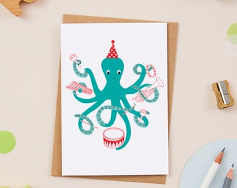 Musical Octopus Greeting Card - greeting card- stationary - sea - inspirational - blank cards - music - cute card