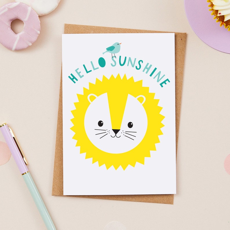 Hello Sunshine Card inspirational blank cards for little ones sun lion happy card good luck card card for child image 1