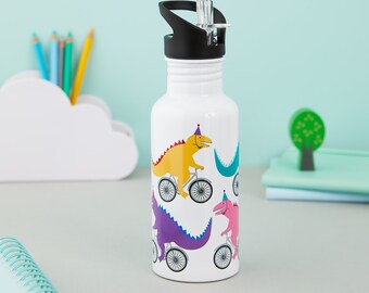 Cycling Dinosaur Personalised Water Bottle - Childrens Waterbottle - School Water Bottle - Dino Gift For Kids - Dinosaurs