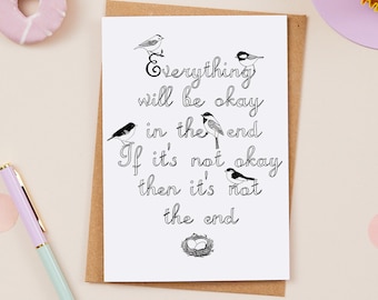 Everything will be okay card - greeting card - blank cards - good luck card - handdrawn card - birds card - typographic card