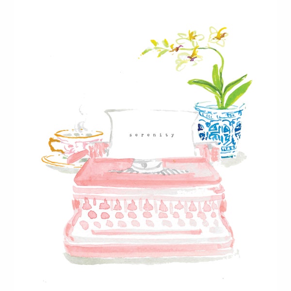 Writer, typewriter, orchid, coffee, tea, art print, watercolor art, printed art, modern, watercolor, illustration, gift for writers, author