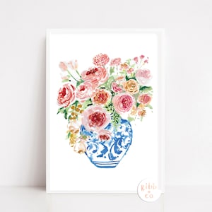 Blue Chinoiserie Vase Floral, series, peony, peonies, rose, roses, pink, peach, yellow, art print, watercolor art print, printed art, blue
