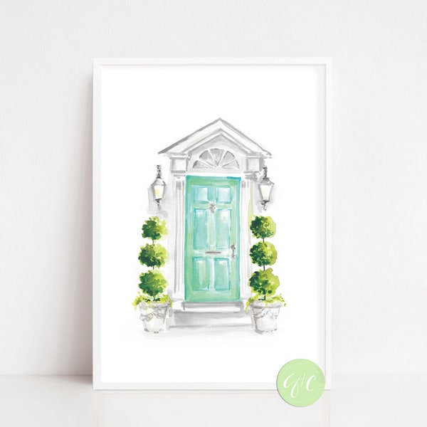 Teal Door, Charleston, topiary, garden theme, art print, watercolor art, printed art, modern, watercolor, illustration, Bluegreen