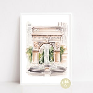 New York travel art, the Met, Metropolitan Museum, Central Park, Bethesda Fountain, Washington Square Park, neutral colored watercolor art