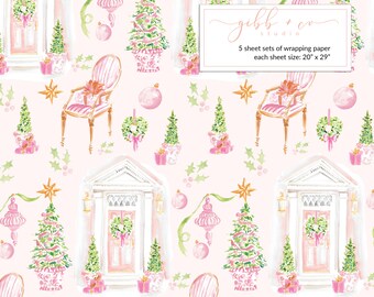 Pink Christmas Charleston Door wrapping paper, pink, green, decorative, holiday, wrapping paper, whimsical, gift wrap, paper product